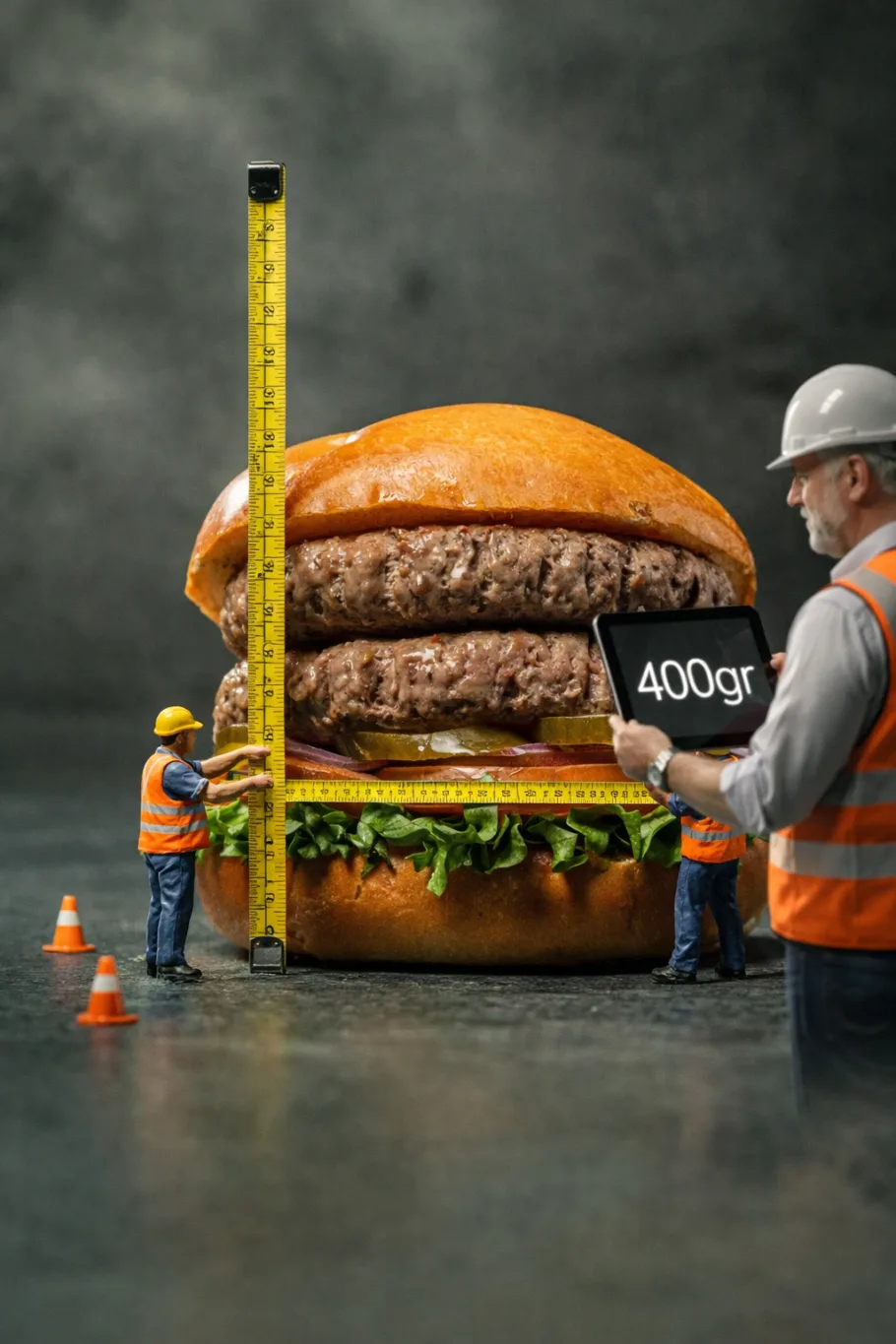 צילום מוצר קריאטיבי להמבורגר עם דגש על משקל 400 גרם ודיוק